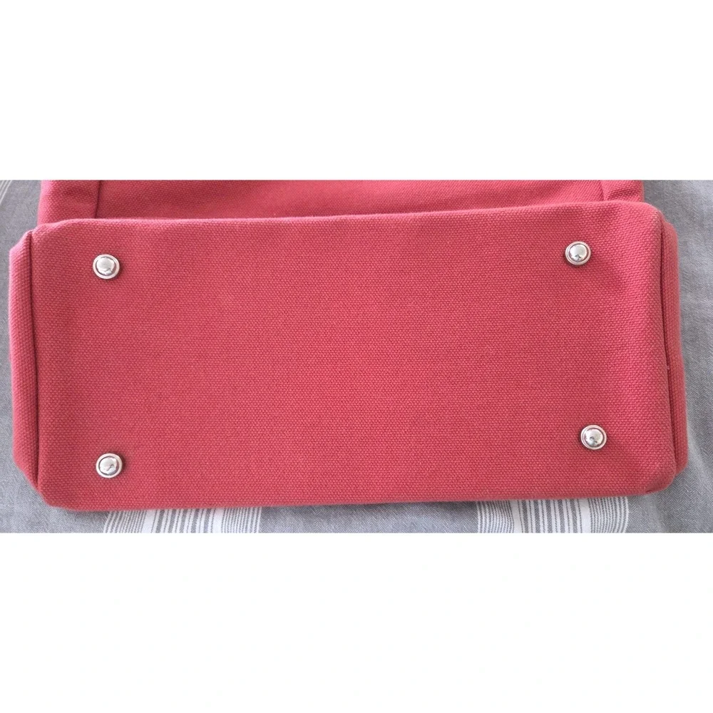 Restoration Hardware Red Canvas Tote Bag Brown Straps Pockets Metal Feet